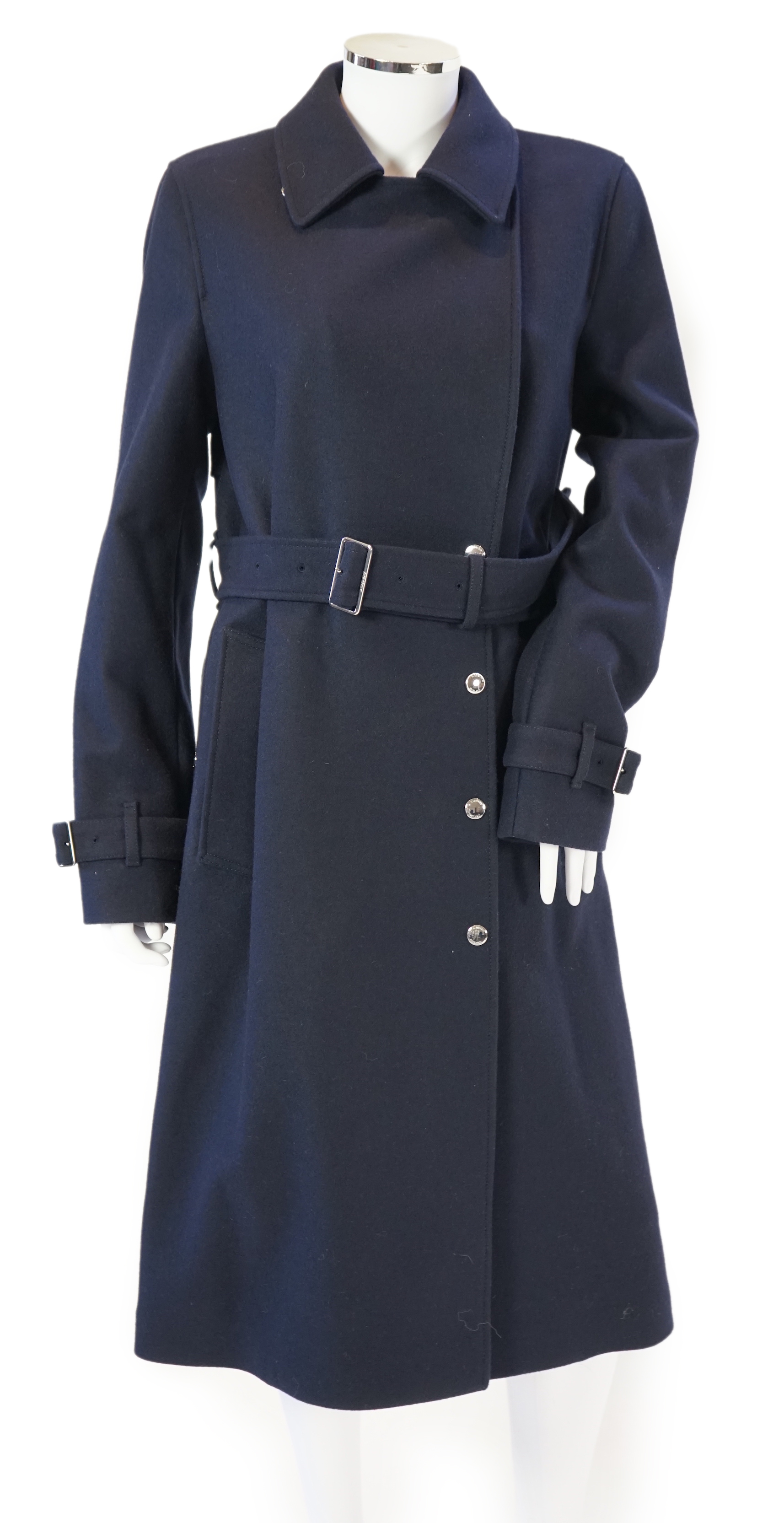 A Burberry lady's navy wool trench coat with chrome buttons, size UK6